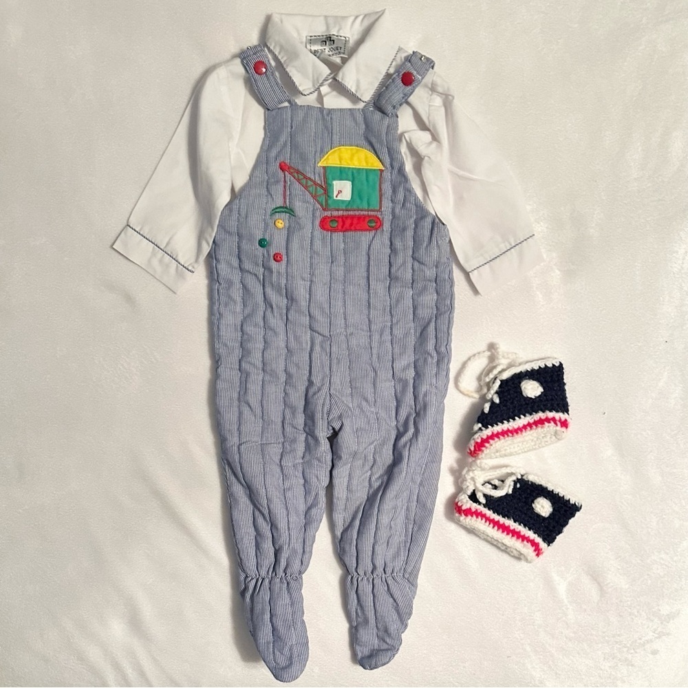Vintage Petit Jouet 3pc Outfit Baby 6-9m Crane Truck Overalls Shirt Knit Booties